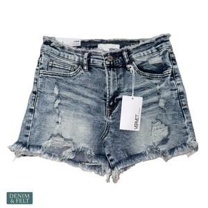 NEW VERVET Cortney Mom Shorts Distressed Acid Wash Stretch Denim Raw Hem Small